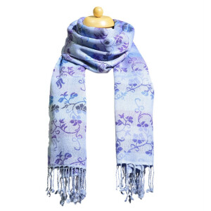 Schal aus Wolle (50%) und Viskose (50%) - Blumenmuster: Blau