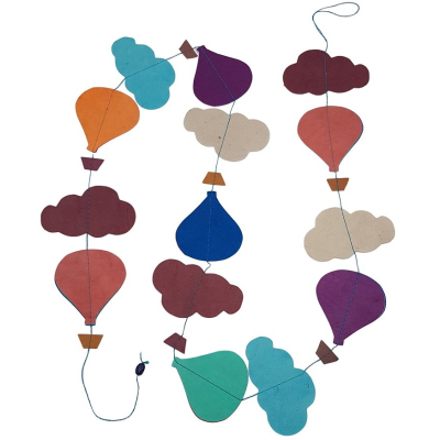 Papier Girlande aus Lokta Papier - Heißluftballon mit Wolken, blau/bordeaux