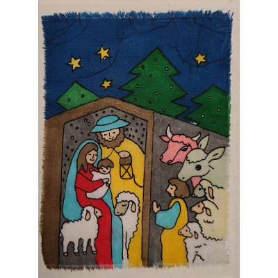 Grußkarte Hl. Familie mit Ochs & Esel