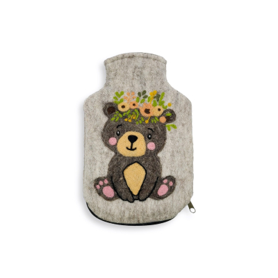 Wärmflaschenhülle Teddy mit Blumen, hellgrau (0,8l)