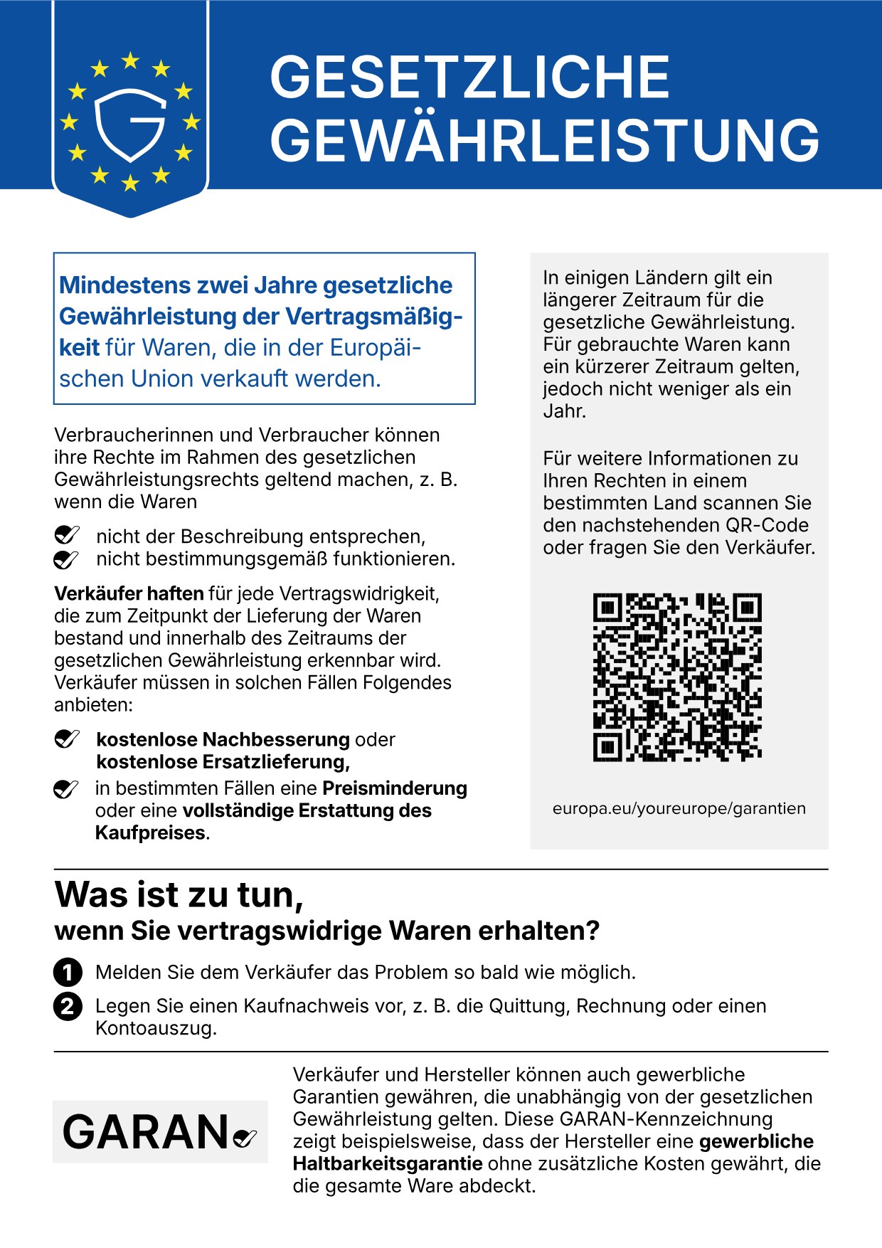 Gesetzliche Gewährleistung – mindestens zwei Jahre für in der EU verkaufte Waren