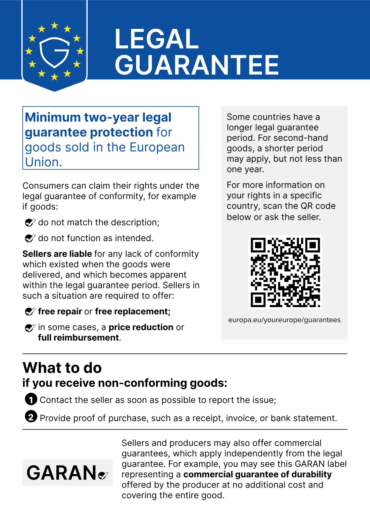 Legal guarantee – at least two years for goods sold in the EU